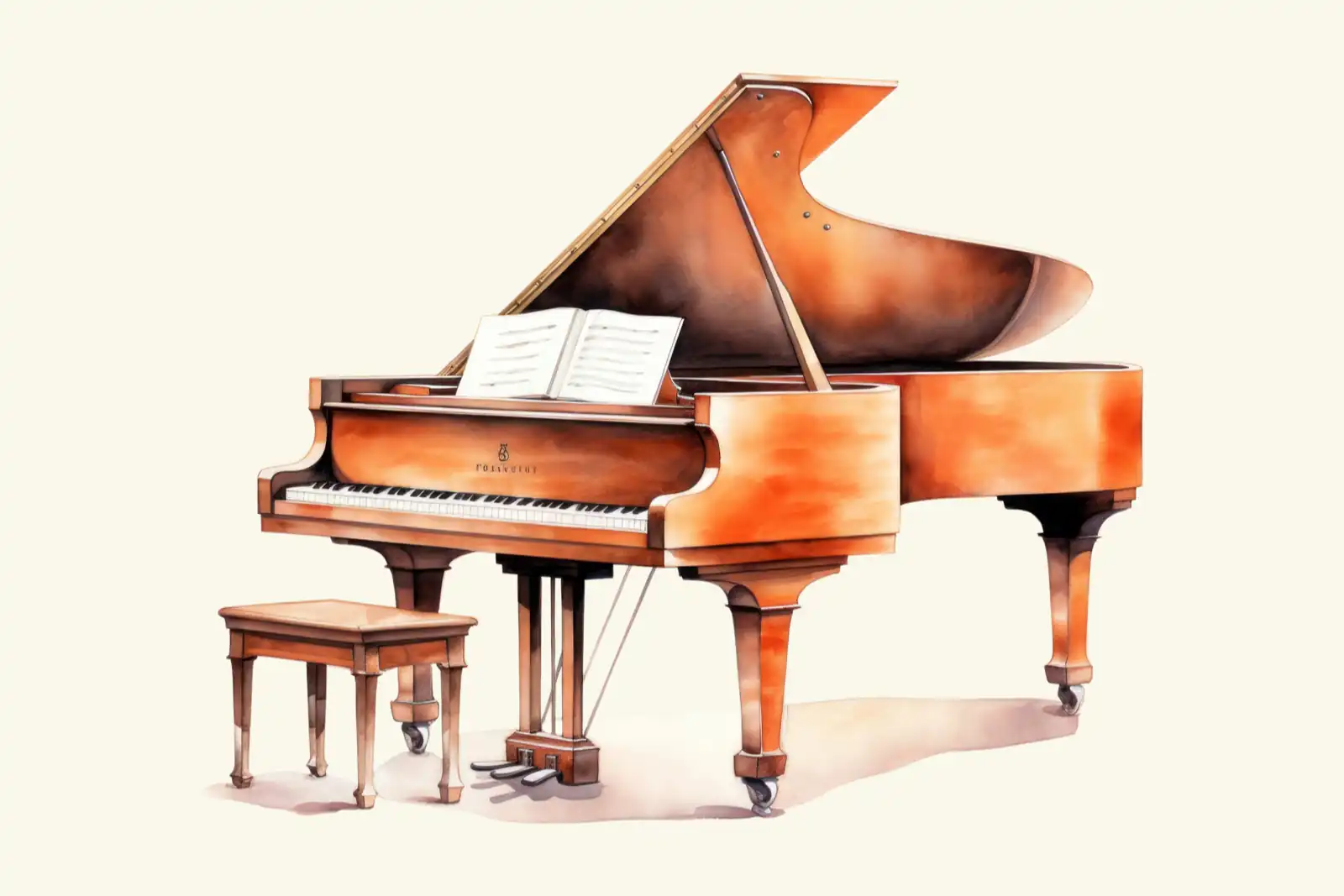 A watercolor painting of a baby grand piano