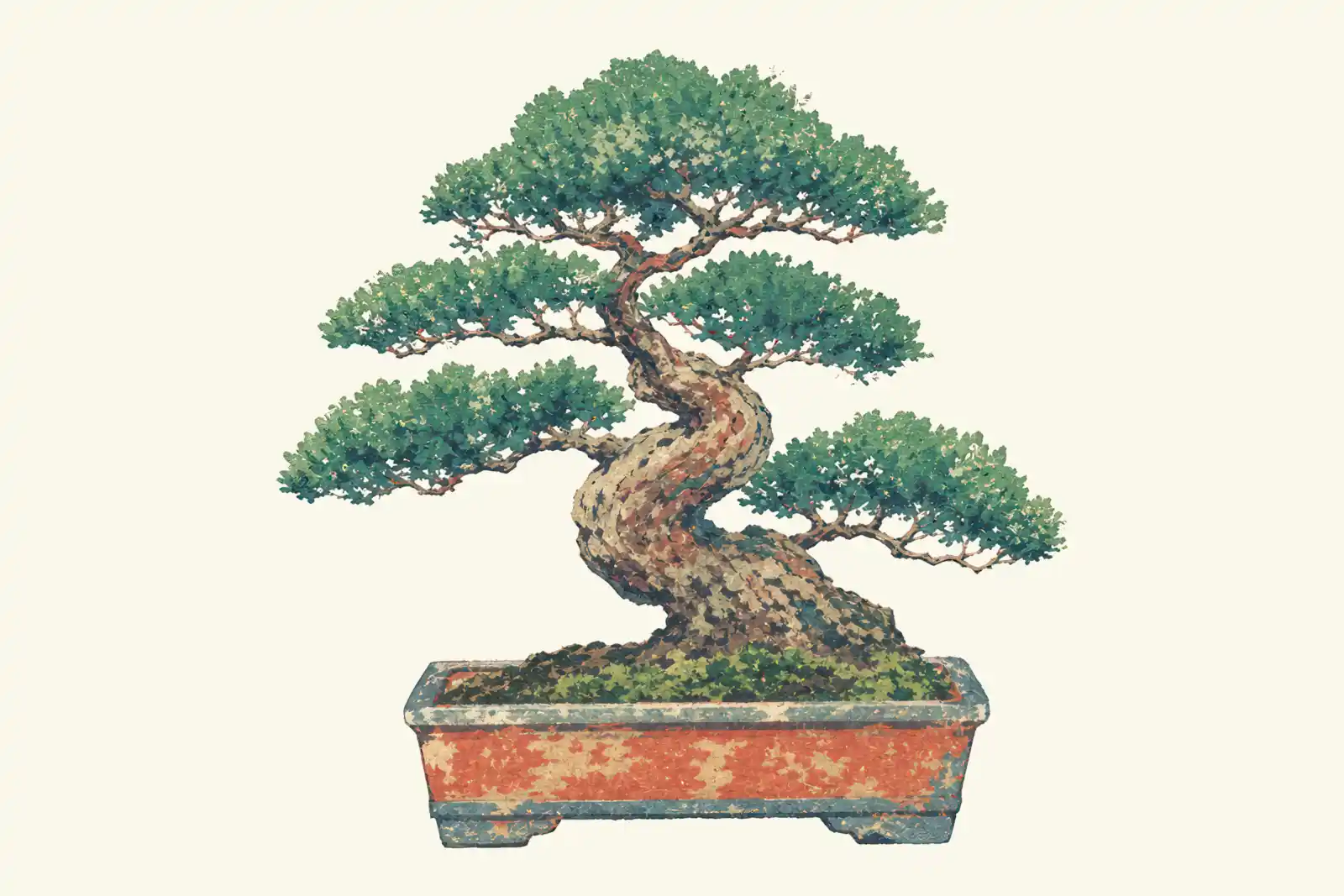 A watercolor painting of a bonsai tree with a gnarled, twisting trunk in a weathered rectangular pot