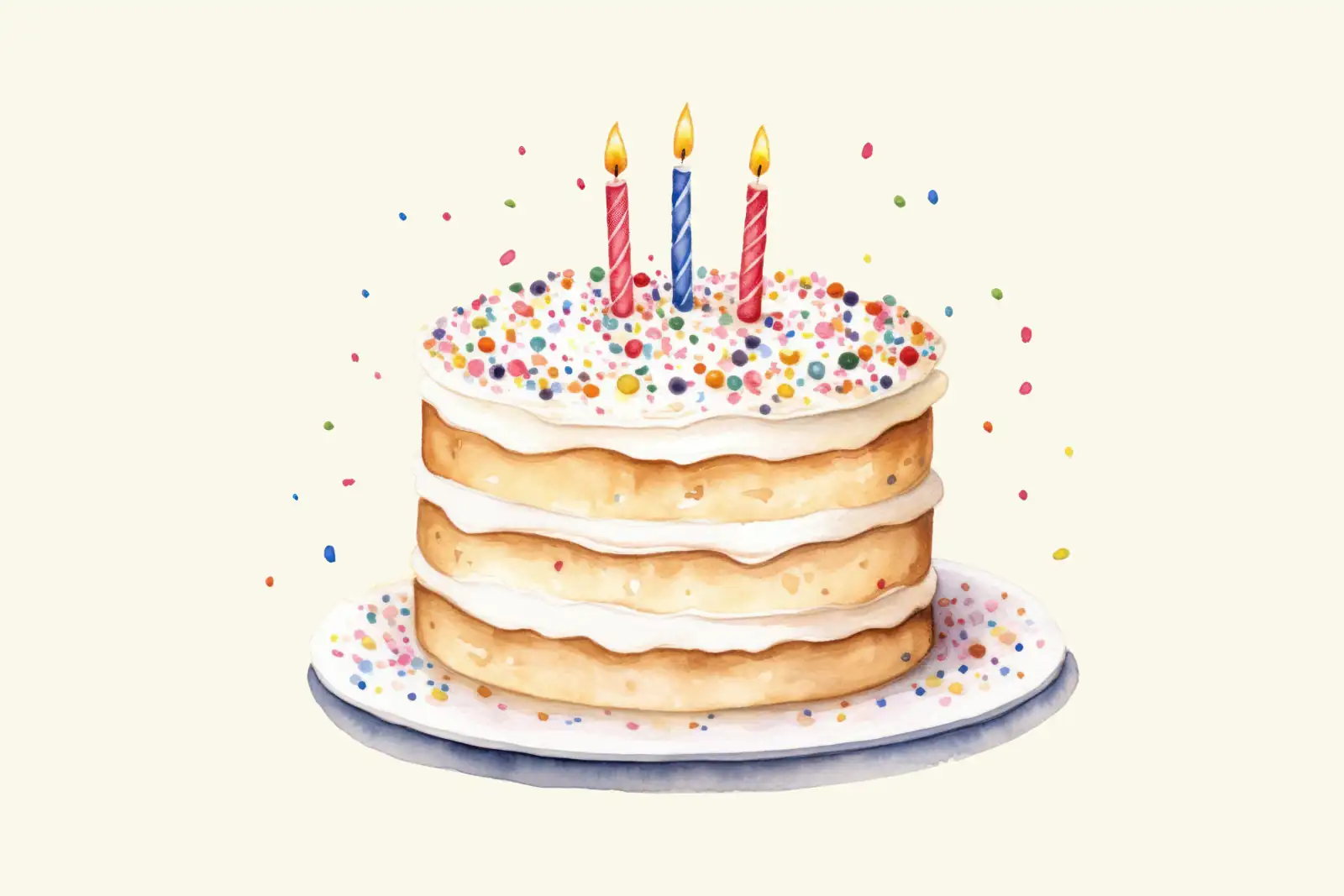 A watercolor painting of a birthday cake with lit candles and confetti