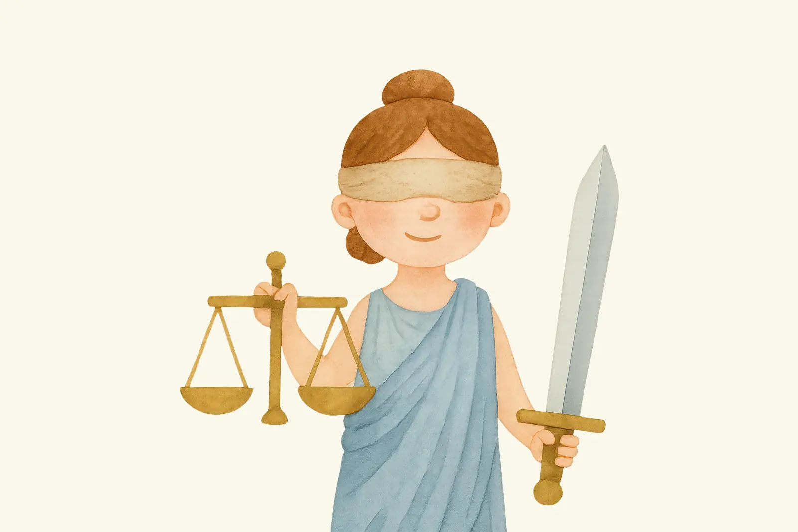 A watercolor painting of a blindfolded Lady Justice holding a sword and a set of scales