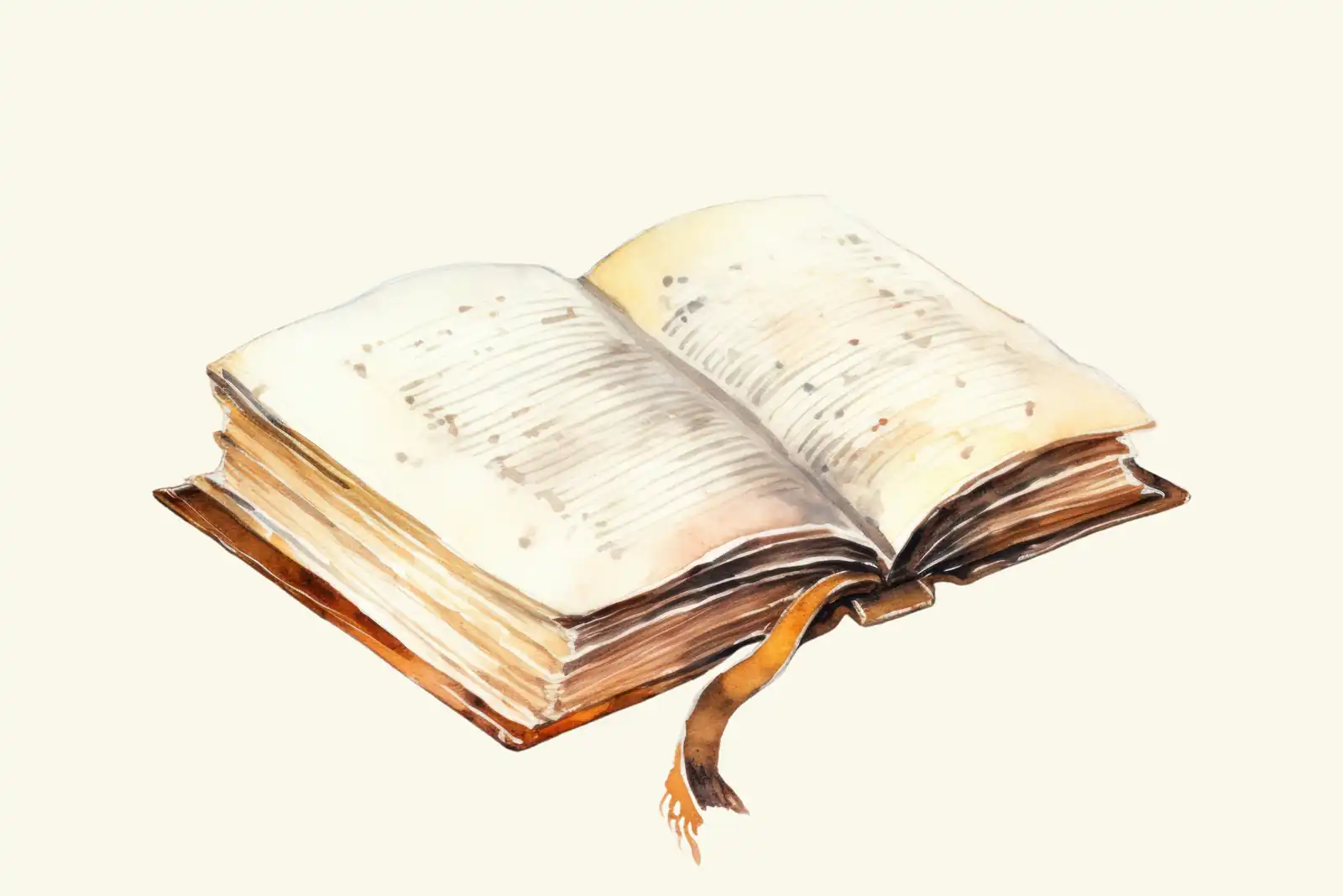 A watercolor painting of an open, well-worn journal with handwritten pages and a ribbon bookmark, on a cream background