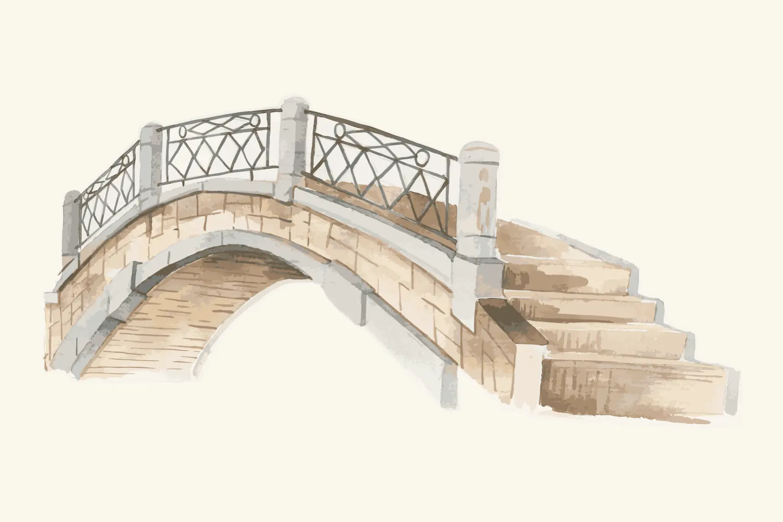 A watercolor painting of an arched stone footbridge with wrought-iron railings and steps
