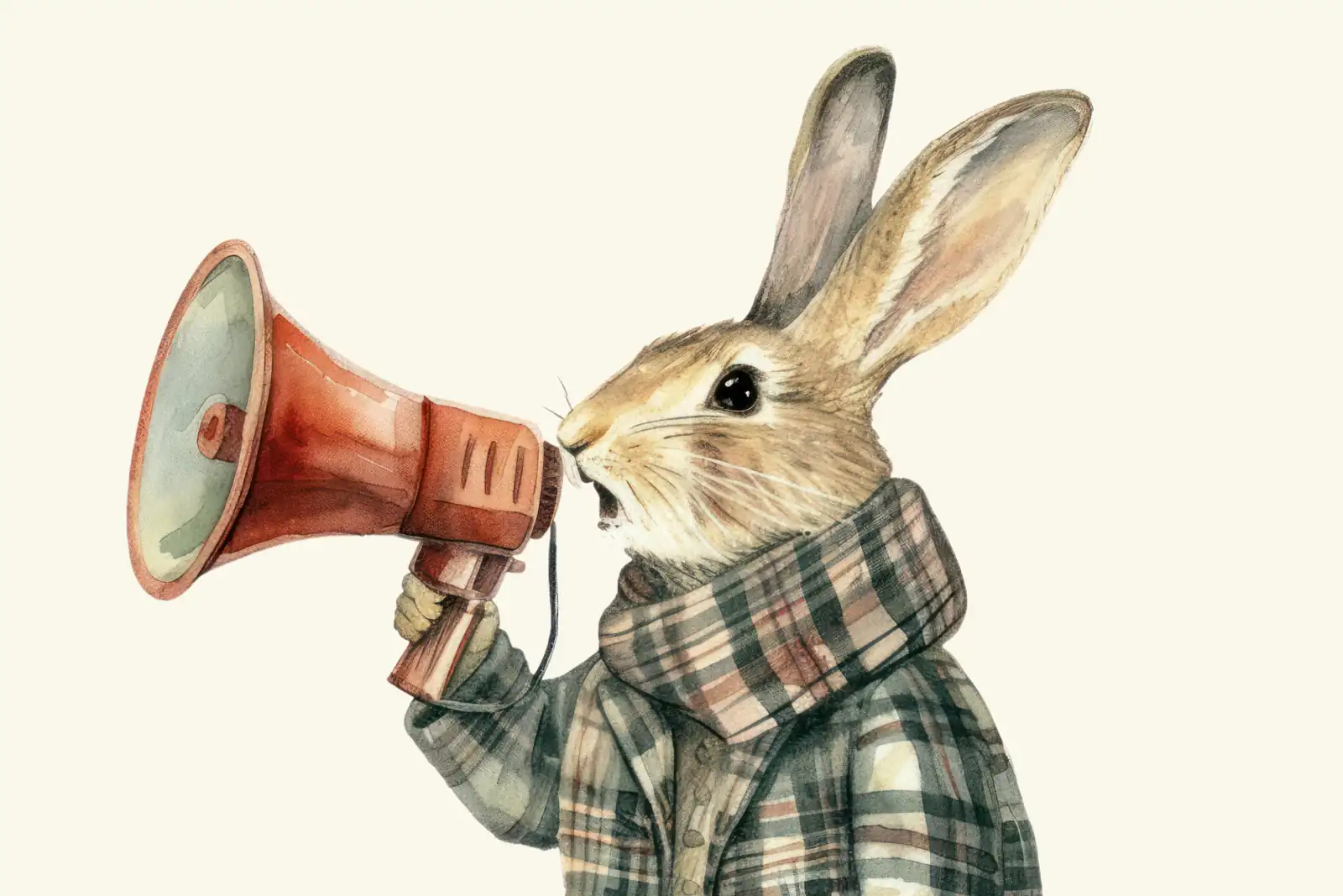 A watercolor painting of a rabbit in a plaid scarf and coat making an announcement through a red megaphone, on a cream background