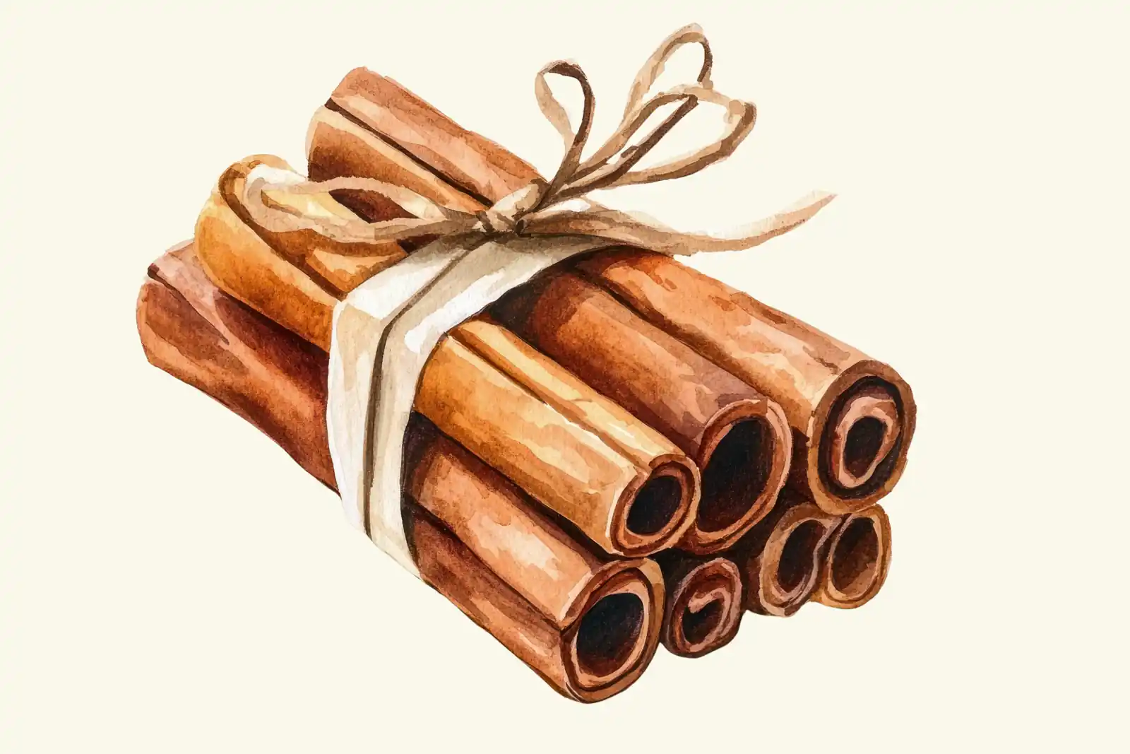 A watercolor painting of a bundle of cinnamon bark sticks tied with a ribbon