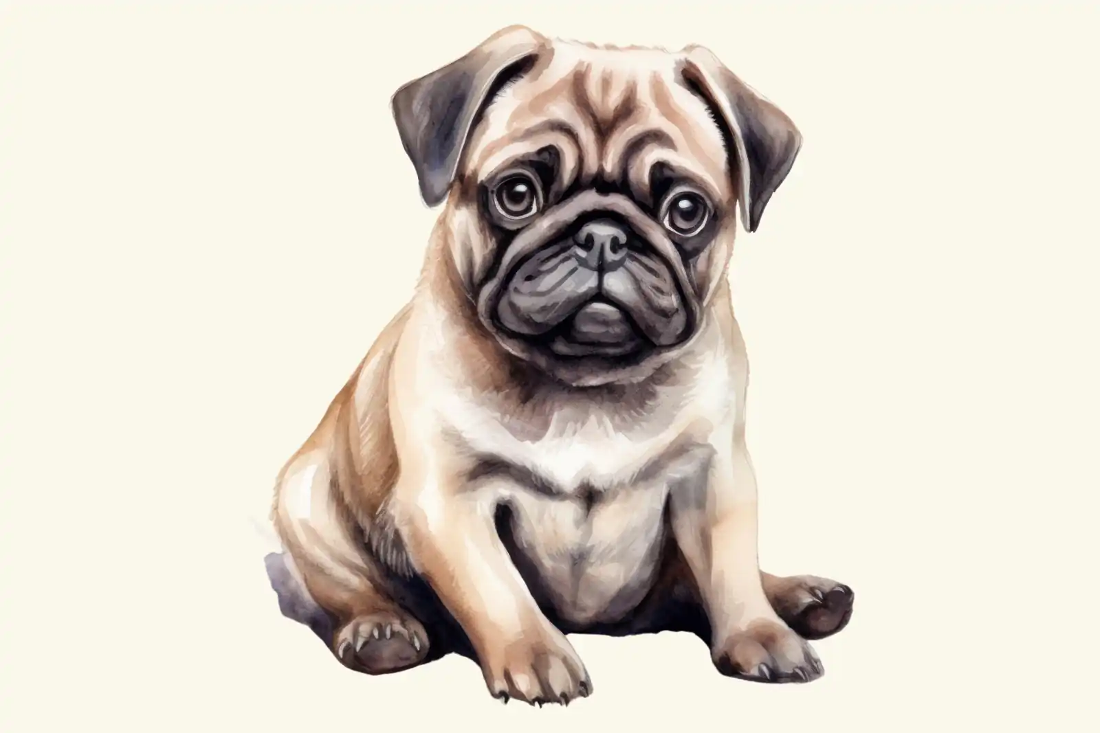 A watercolor painting of a pug puppy sitting and looking at the viewer