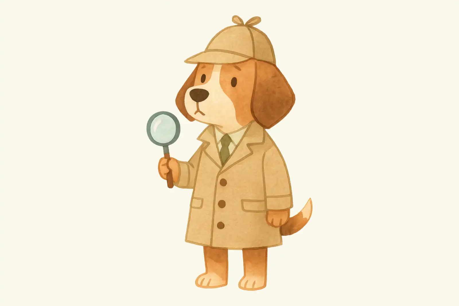 A watercolor painting of a beagle dressed as a detective in a deerstalker cap, tan trench coat, and green tie, standing upright and holding a magnifying glass