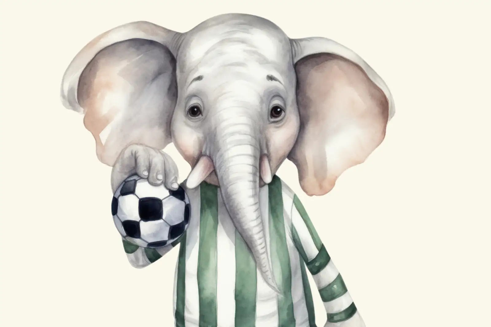 A watercolor painting of an elephant in a green-and-white striped referee's jersey holding a soccer ball, on a cream background