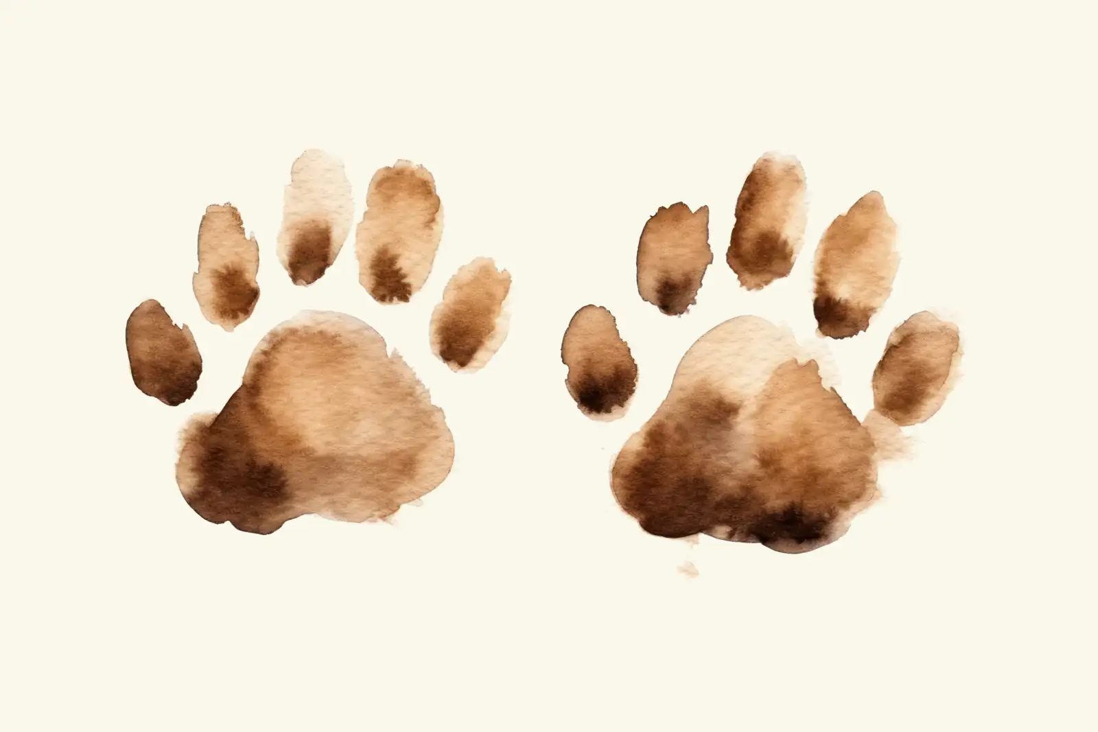 Two watercolor paw prints in brown ink on a cream background
