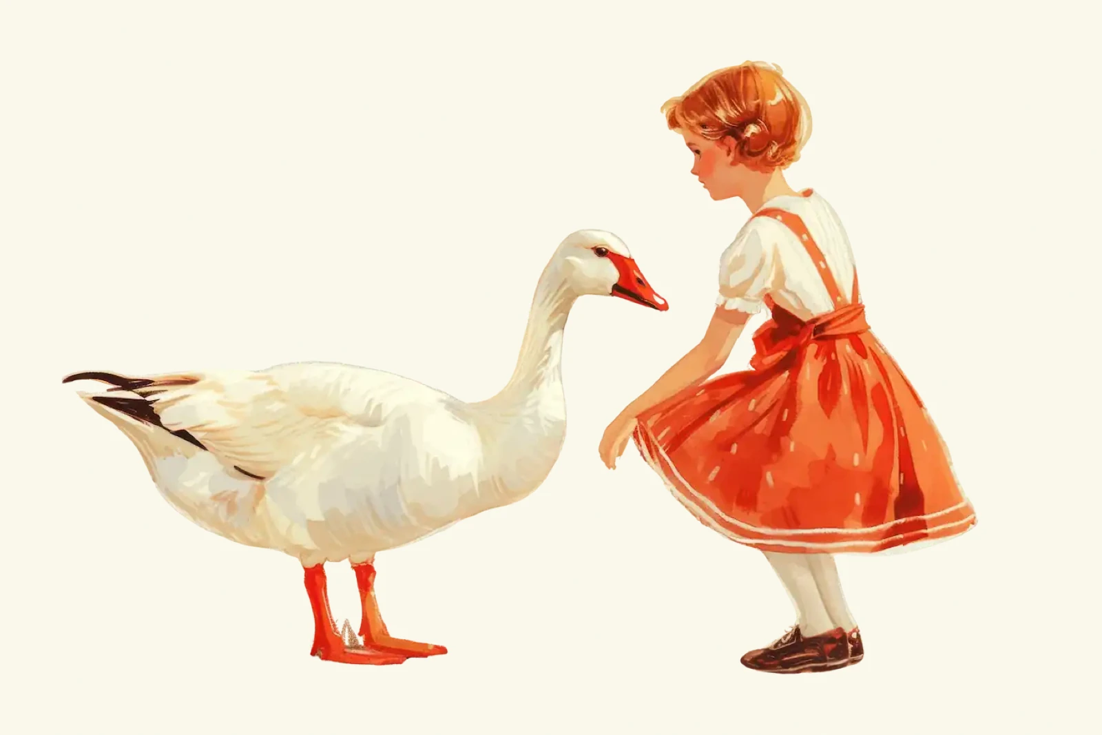 A vintage-style illustration of a young girl in a red pinafore dress leaning forward to talk face to face with a large white goose, on a cream background