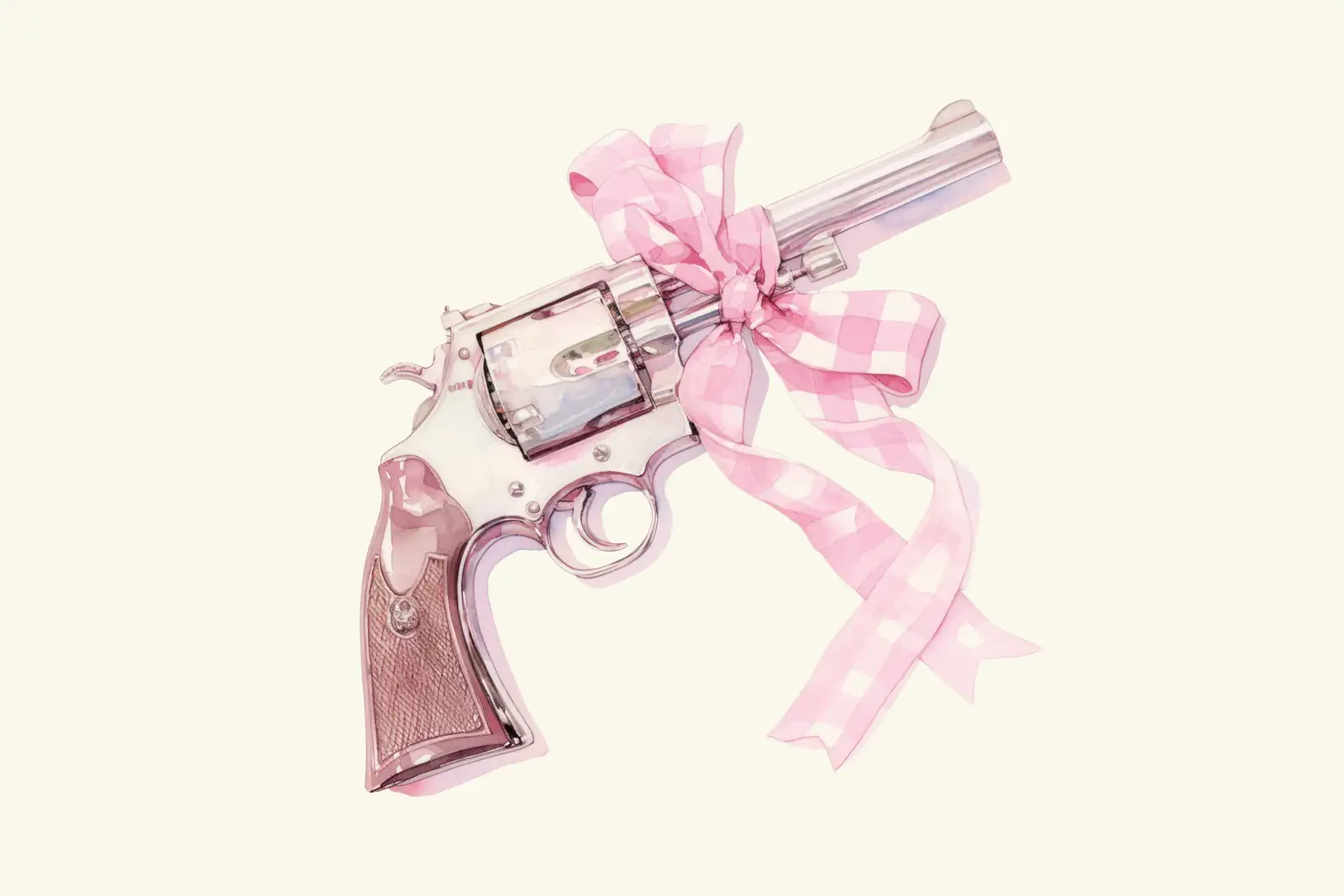 A watercolor painting of a revolver tied with a pink gingham bow