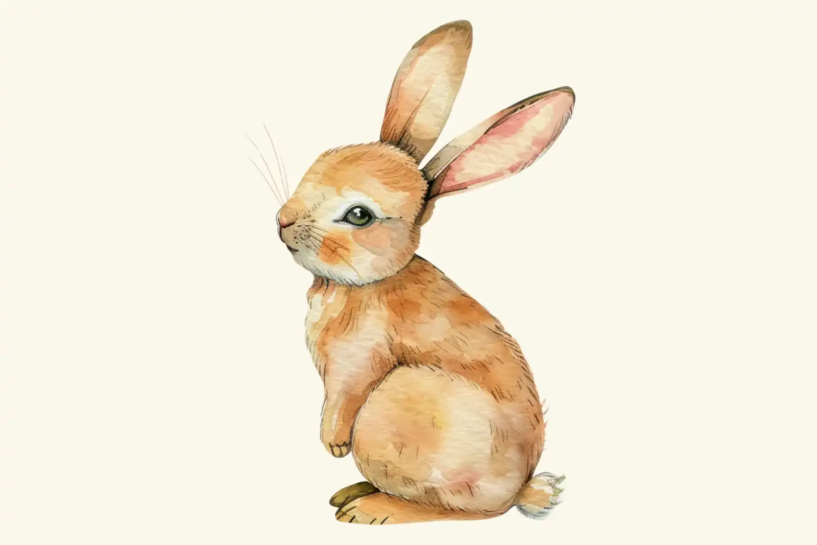 A watercolor illustration of a rabbit sitting upright in profile with tall ears, painted in warm browns on a cream background