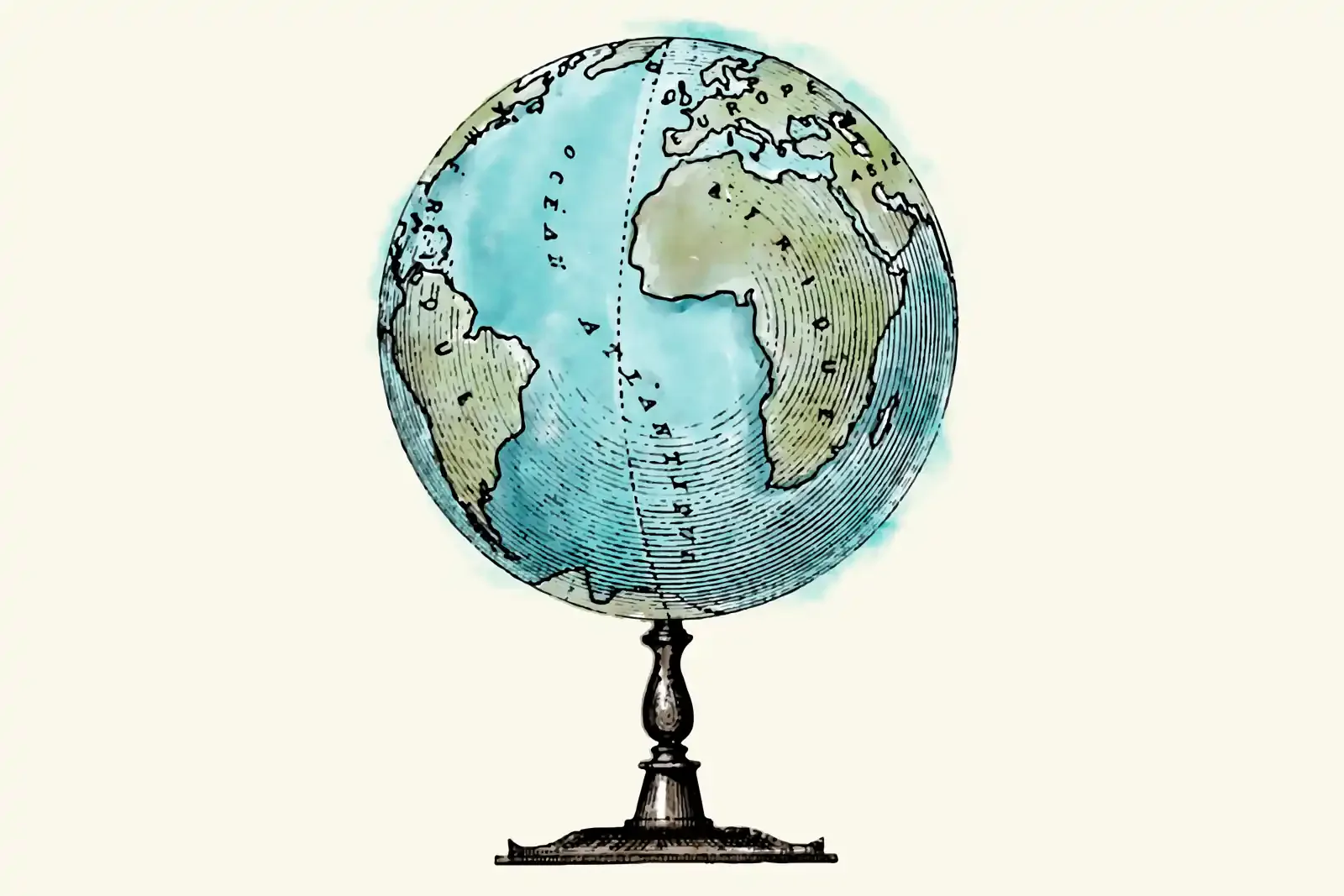 A watercolor and ink illustration of a vintage desk globe on a wooden stand