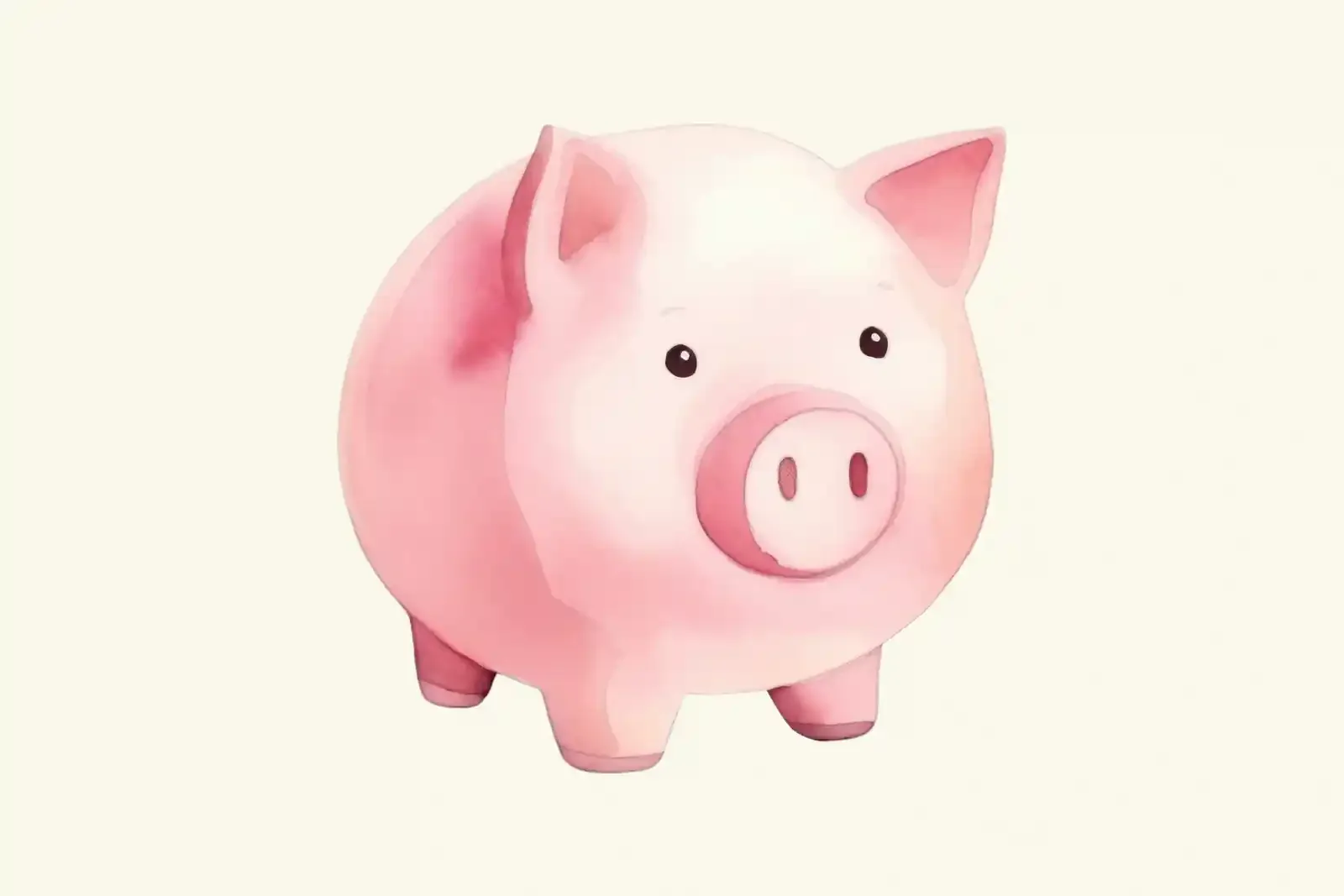 A watercolor painting of a pink piggy bank on a cream background