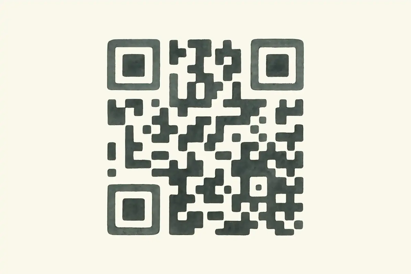 A watercolor QR code painted in dark green ink on a cream background