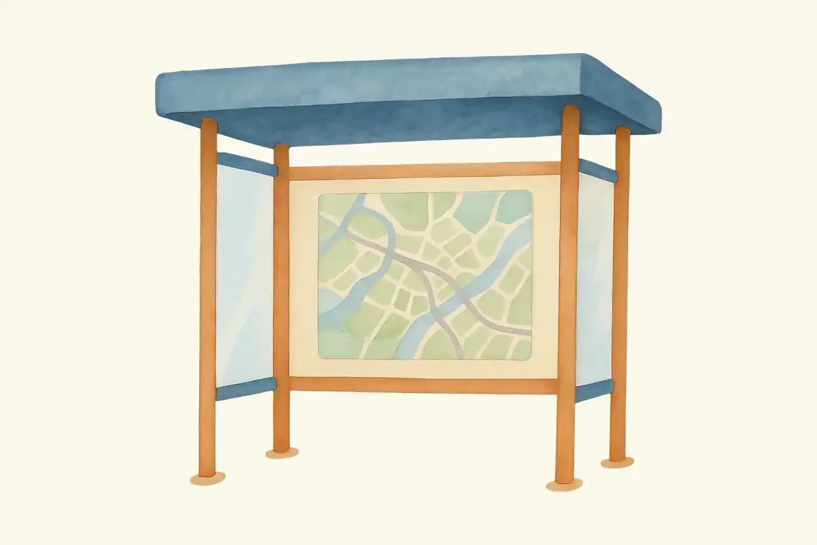 A watercolor illustration of a bus shelter with a transit system map displayed on its back panel