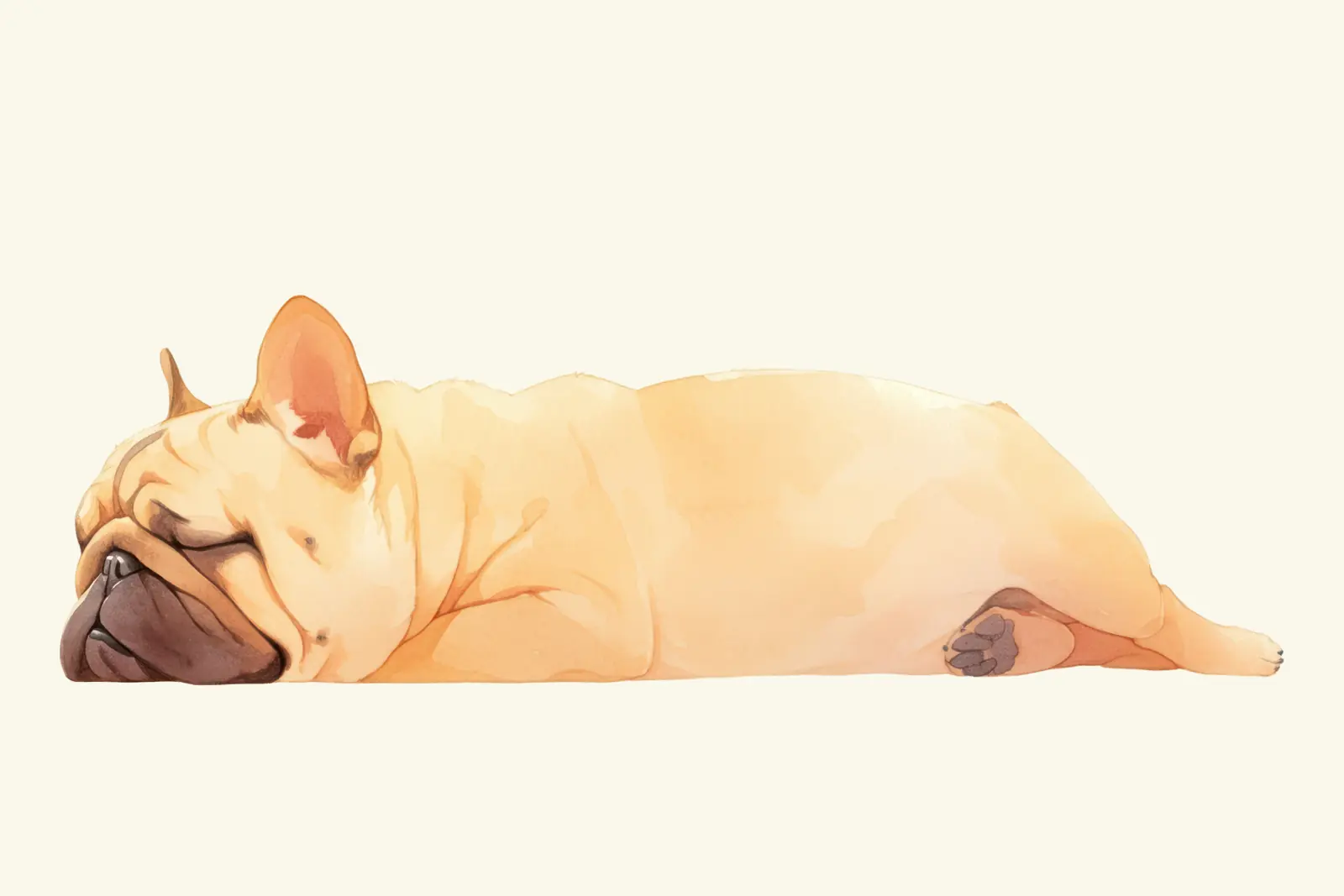 A watercolor painting of a cream French bulldog fast asleep on its side, on a pale background