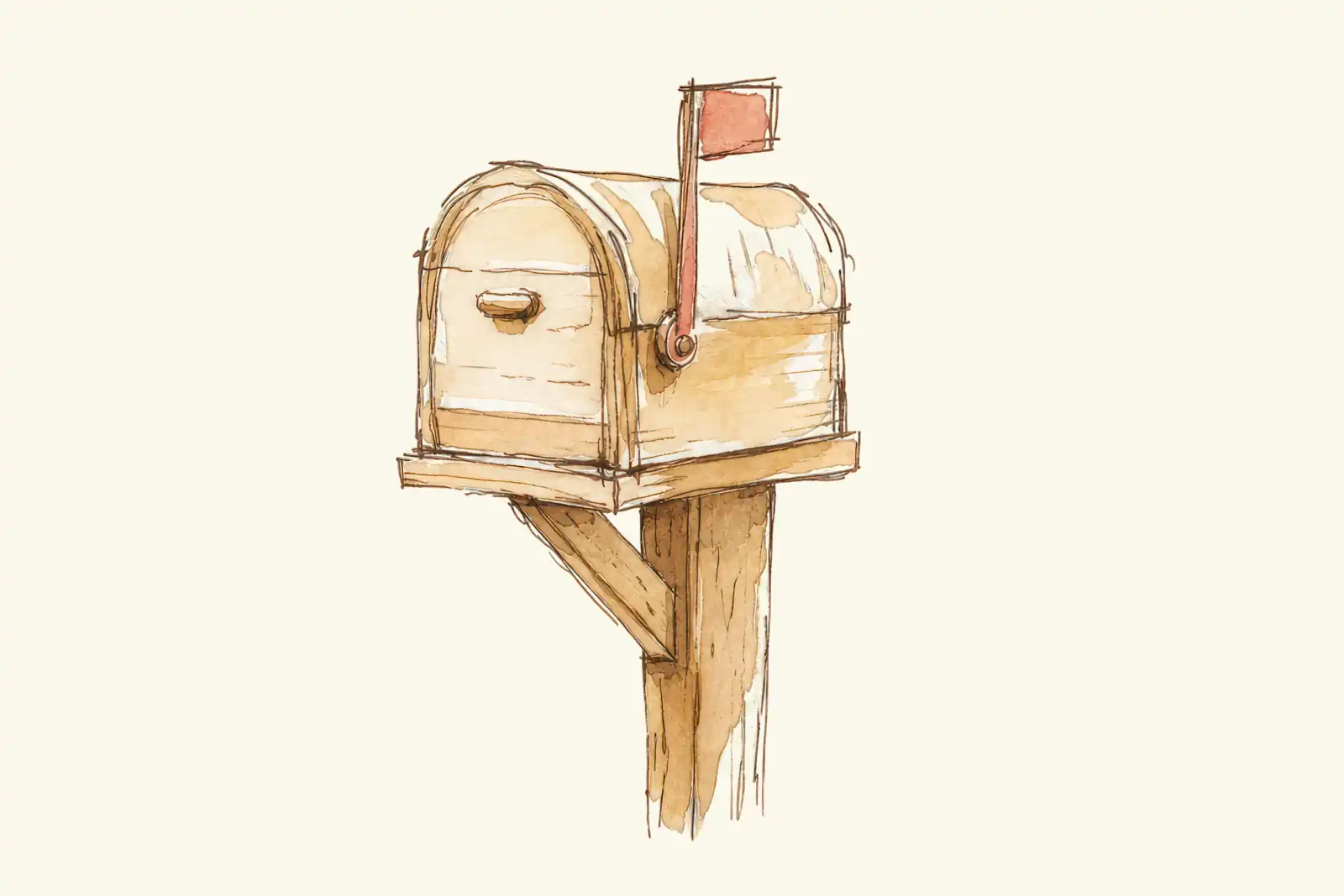 A watercolor illustration of a classic curbside mailbox on a wooden post with its red flag raised