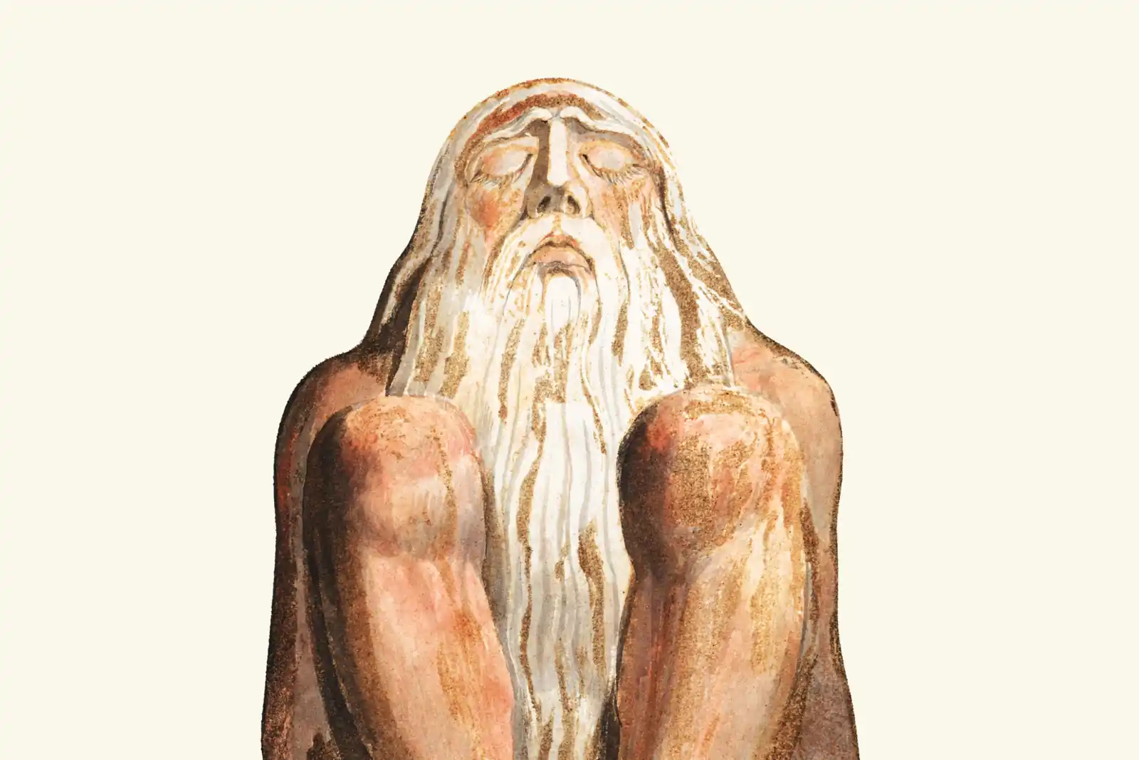 A watercolor painting of an ancient figure with a long flowing white beard crouching with knees drawn up and eyes closed, painted in warm earth tones