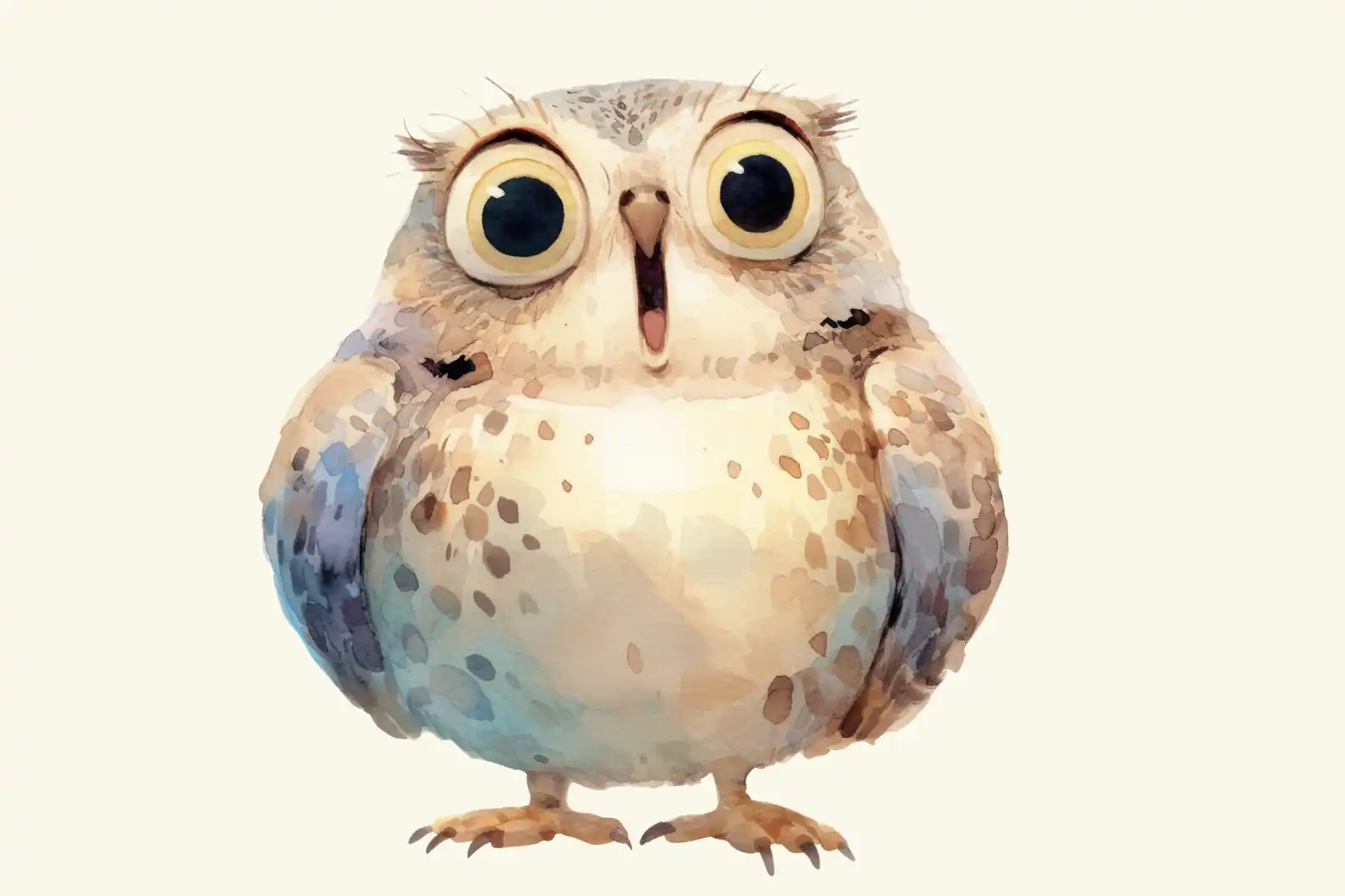 A watercolor painting of a wide-eyed owl