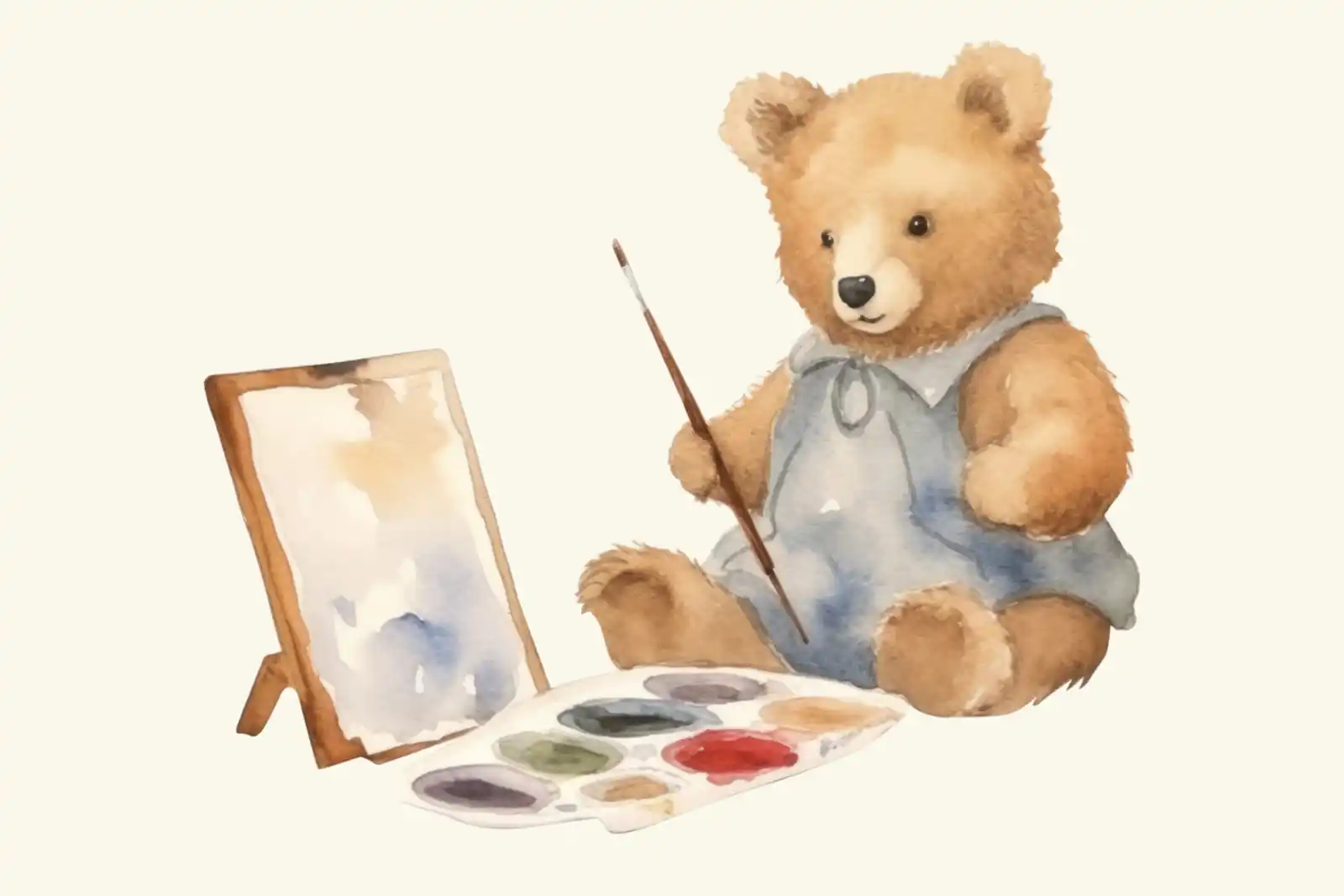 A watercolor painting of a teddy bear holding a paintbrush, seated beside an easel and a palette of paints
