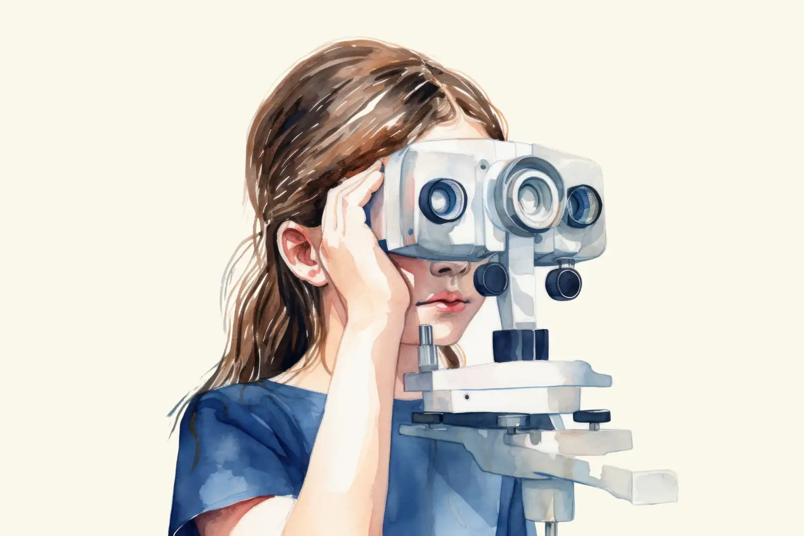 A watercolor painting of a girl looking through the eyepieces of a large optical instrument