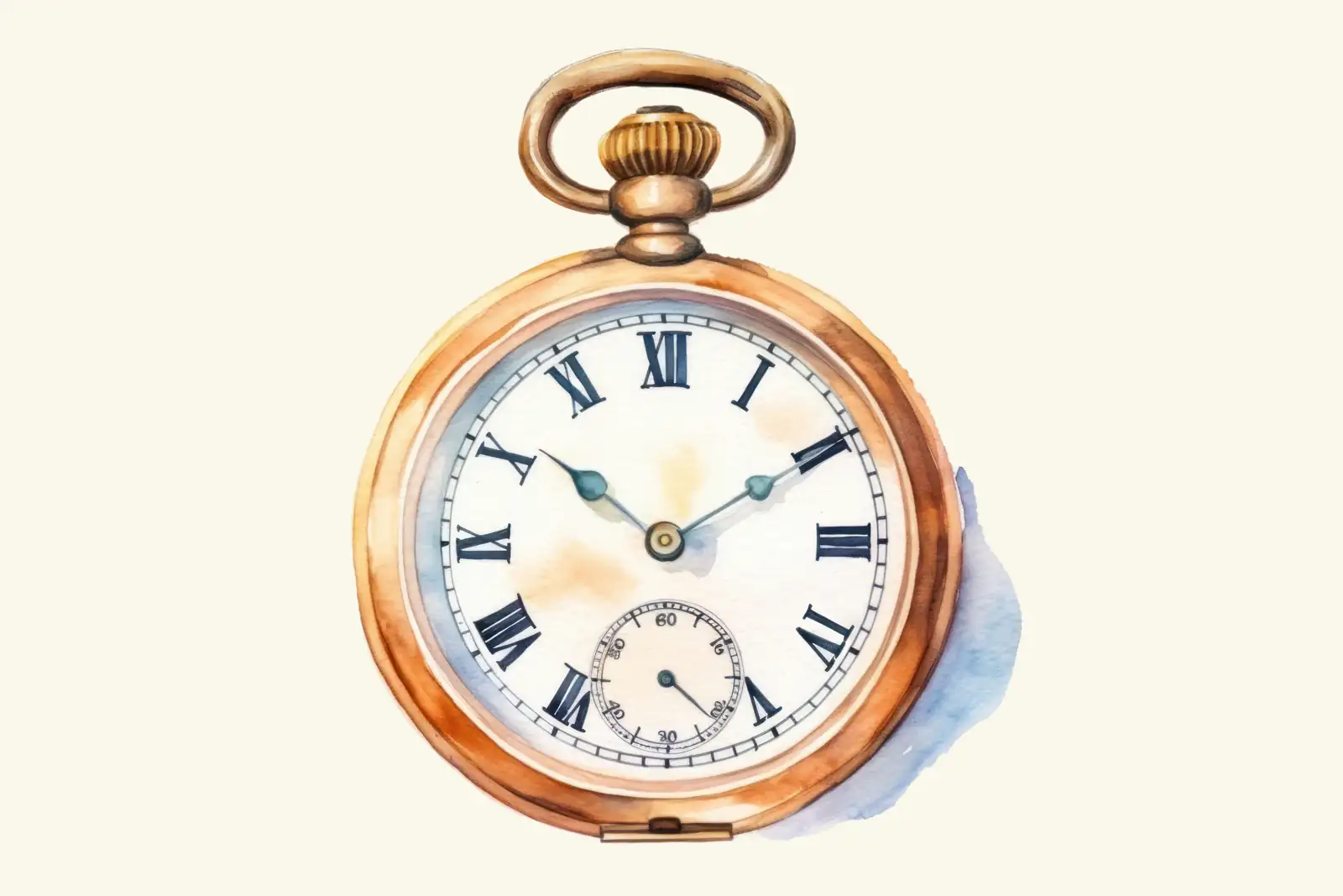 A watercolor painting of an antique brass pocket watch with Roman numerals and a small seconds dial, on a cream background