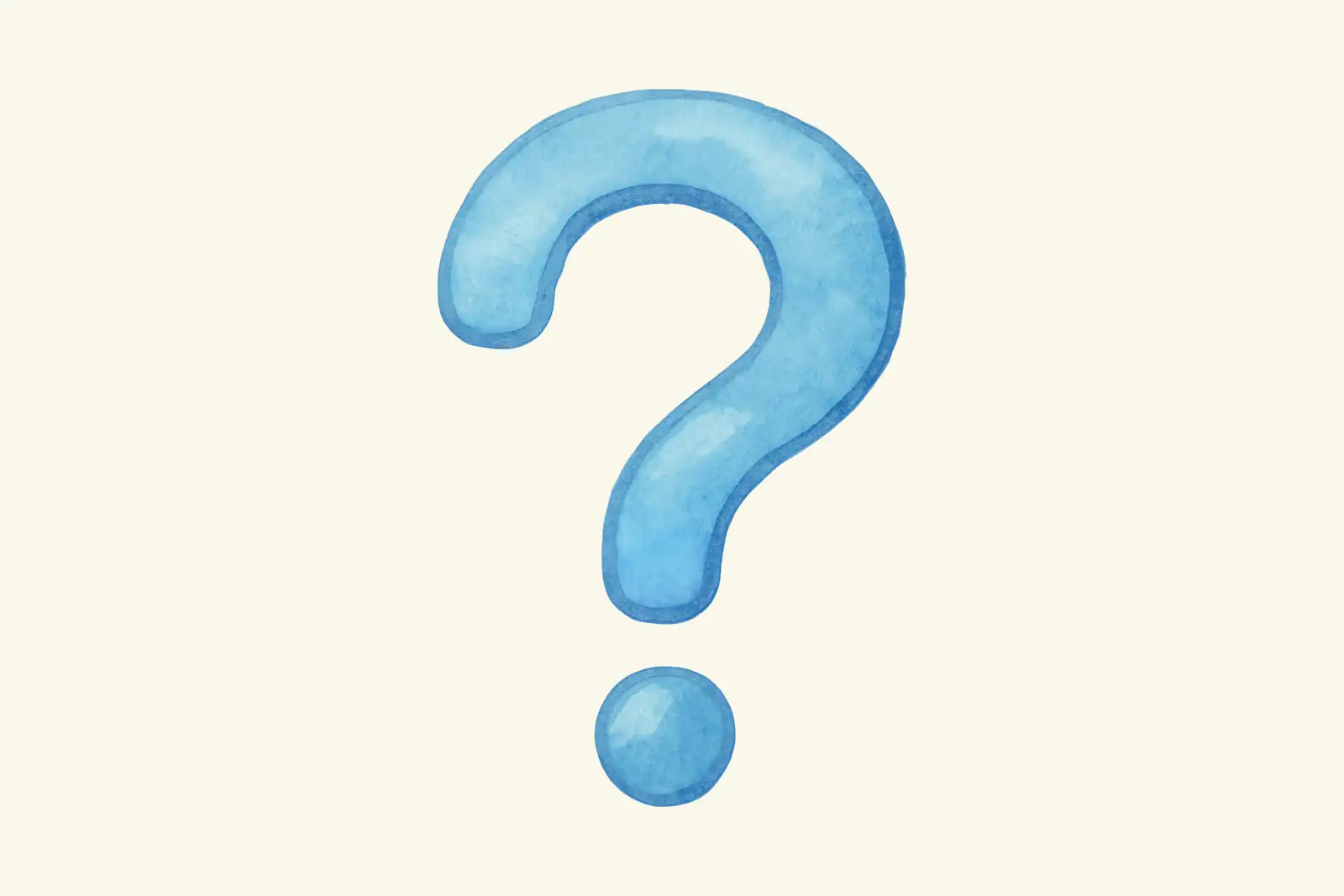 A watercolor painting of a large soft blue question mark on a cream background