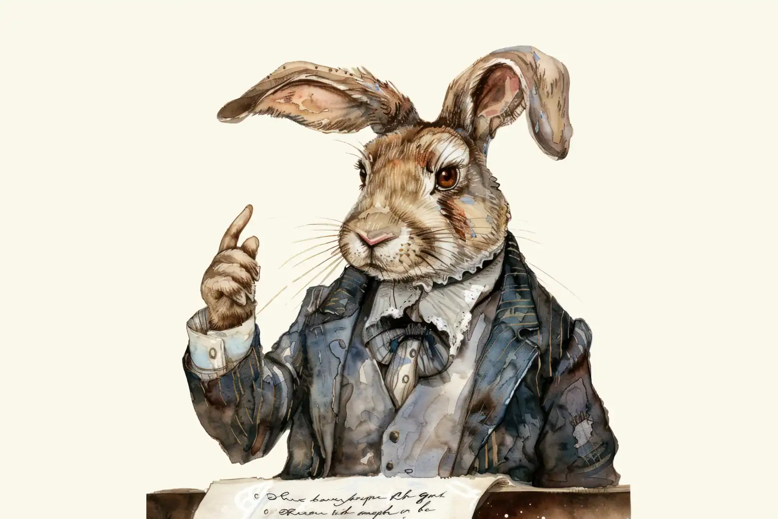 A watercolor illustration of a stern rabbit judge in a Victorian suit and cravat, one finger raised, presiding over a handwritten document