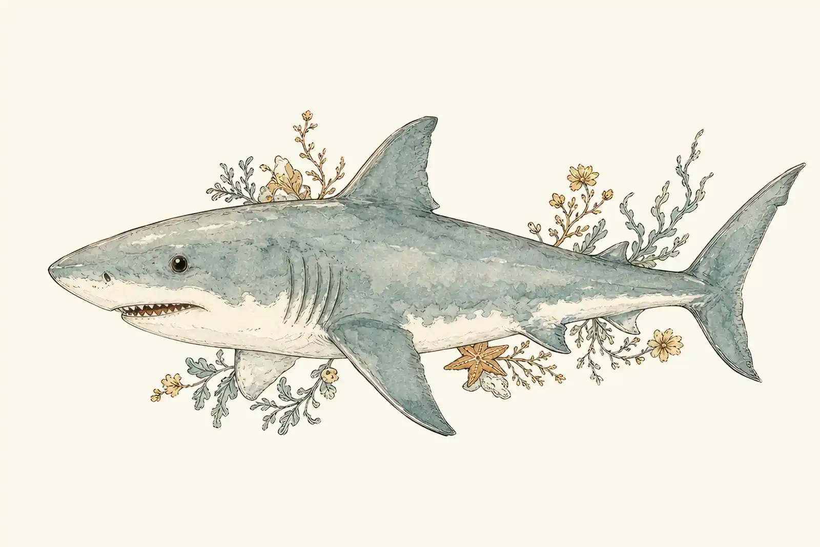 A watercolor painting of a great white shark with botanical accents