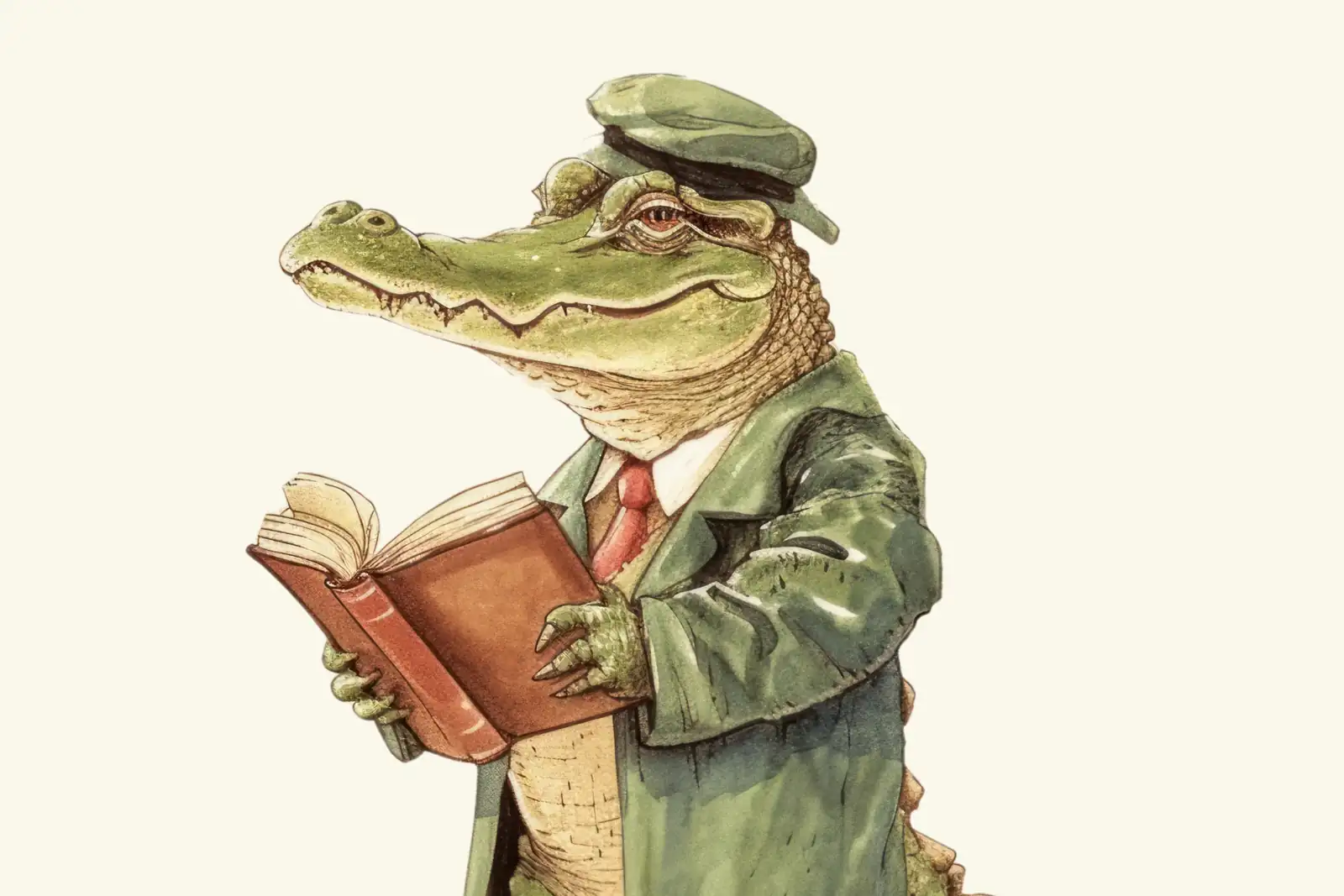 A watercolor painting of a crocodile schoolmaster in a green flat cap, green coat, and red tie, standing upright and reading aloud from an open book held in both claws