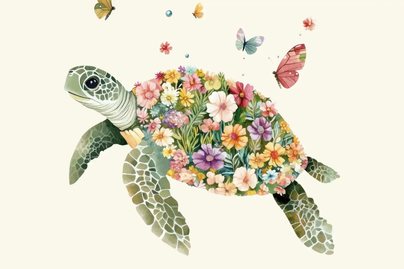 A watercolor painting of a sea turtle with a shell of wildflowers