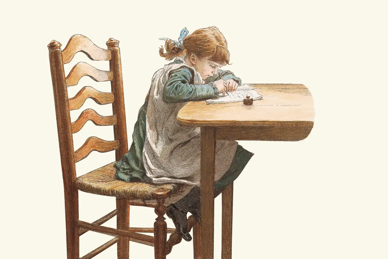 A vintage illustration of a girl writing at a wooden desk